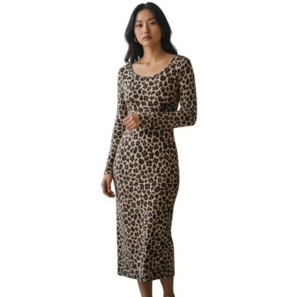 ANDREE BY UNIT LEOPARD PRINT BODYCON DRESS BROWN & CREAM SZ.S EUC.